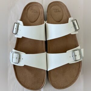 Time and Tru White Buckle Slide Sandals